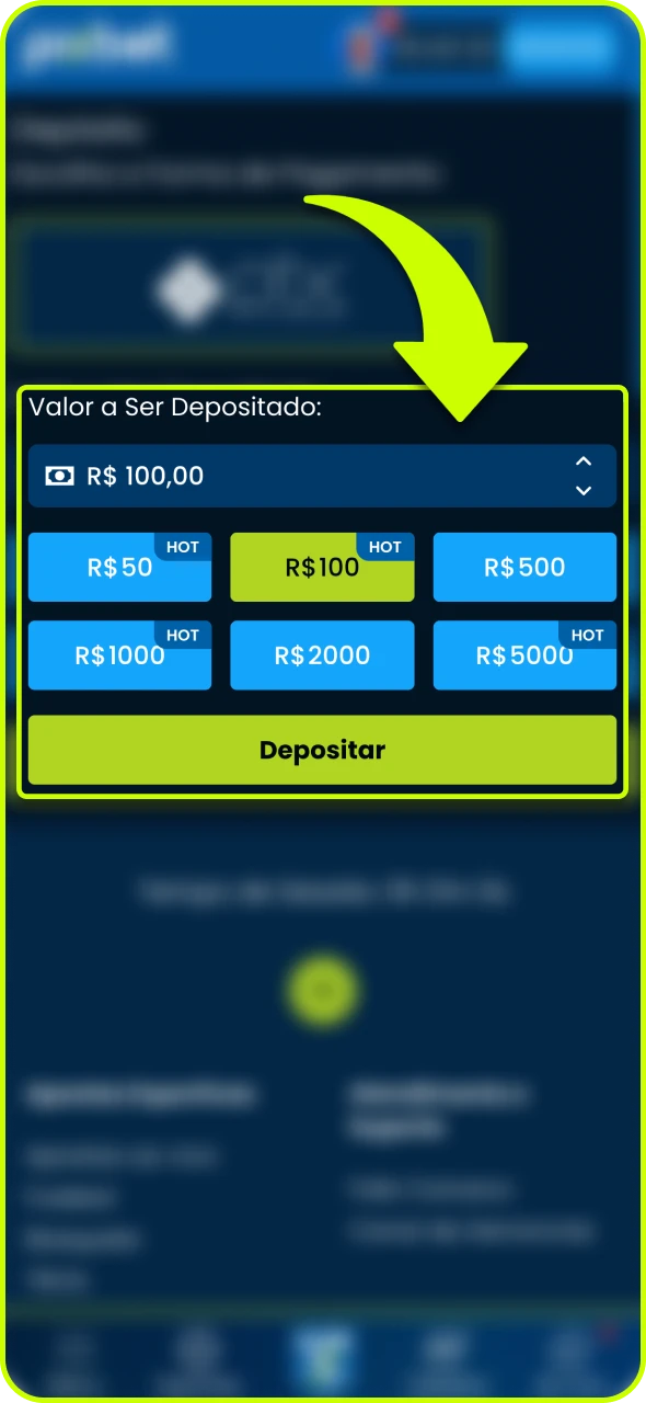 Insira o valor que deseja adicionar ao saldo da Pixbet.