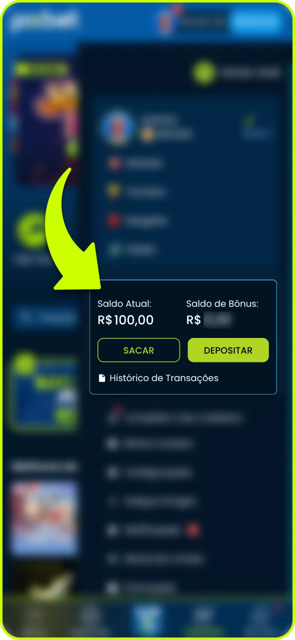 Confira seu saldo na seção de pagamentos do aplicativo Pixbet.