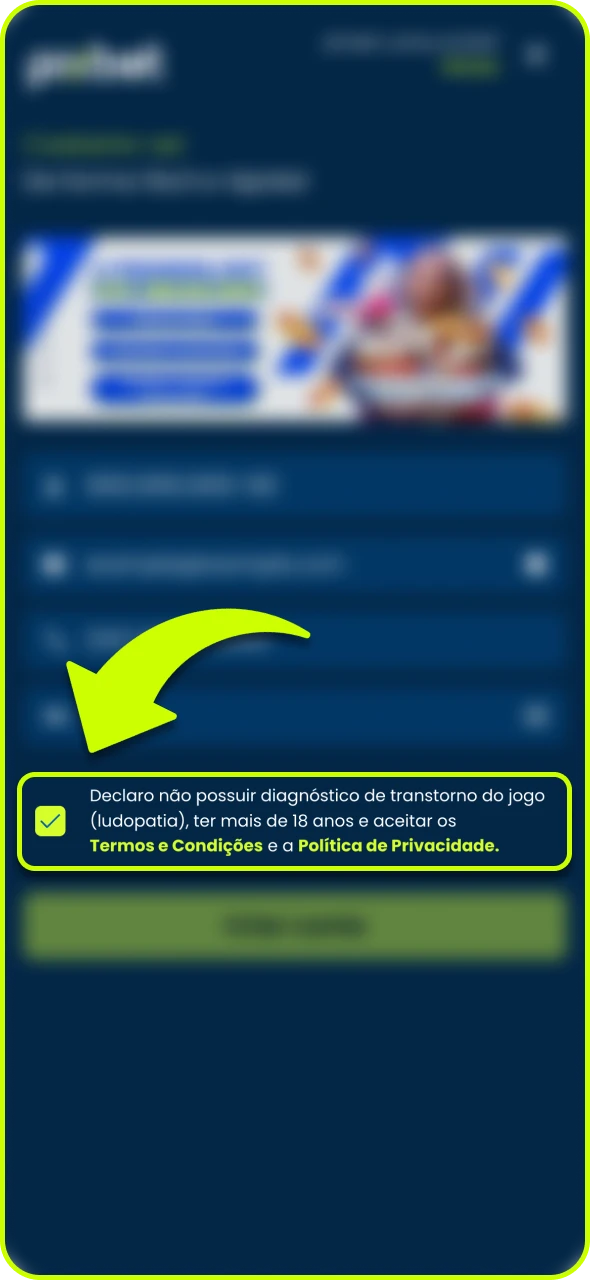 Marque a caixa para aceitar as regras da plataforma Pixbet.