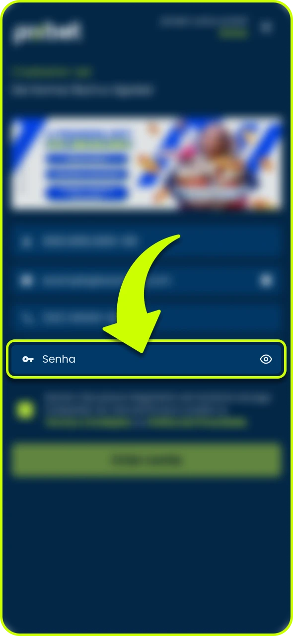 Defina uma senha segura no último campo do Pixbet.
