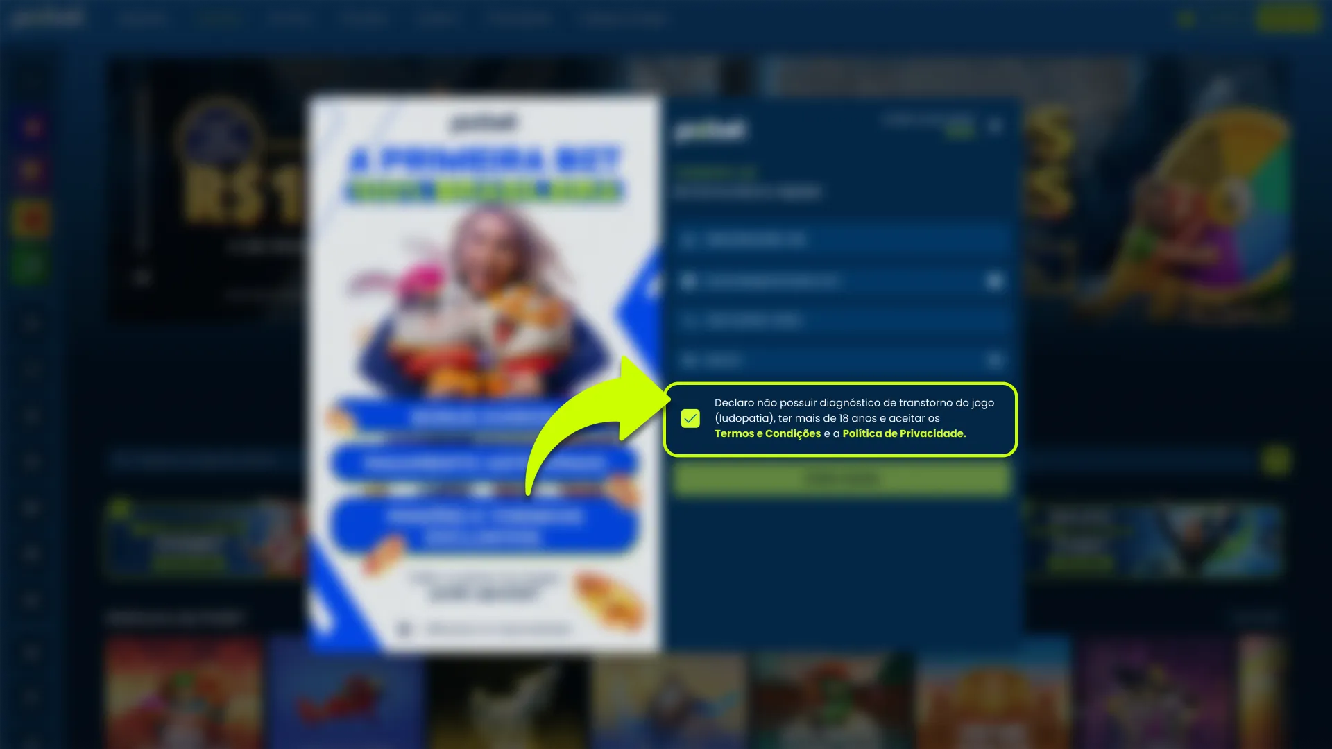 Aceite os termos da Pixbet e confirme o requisito de idade.