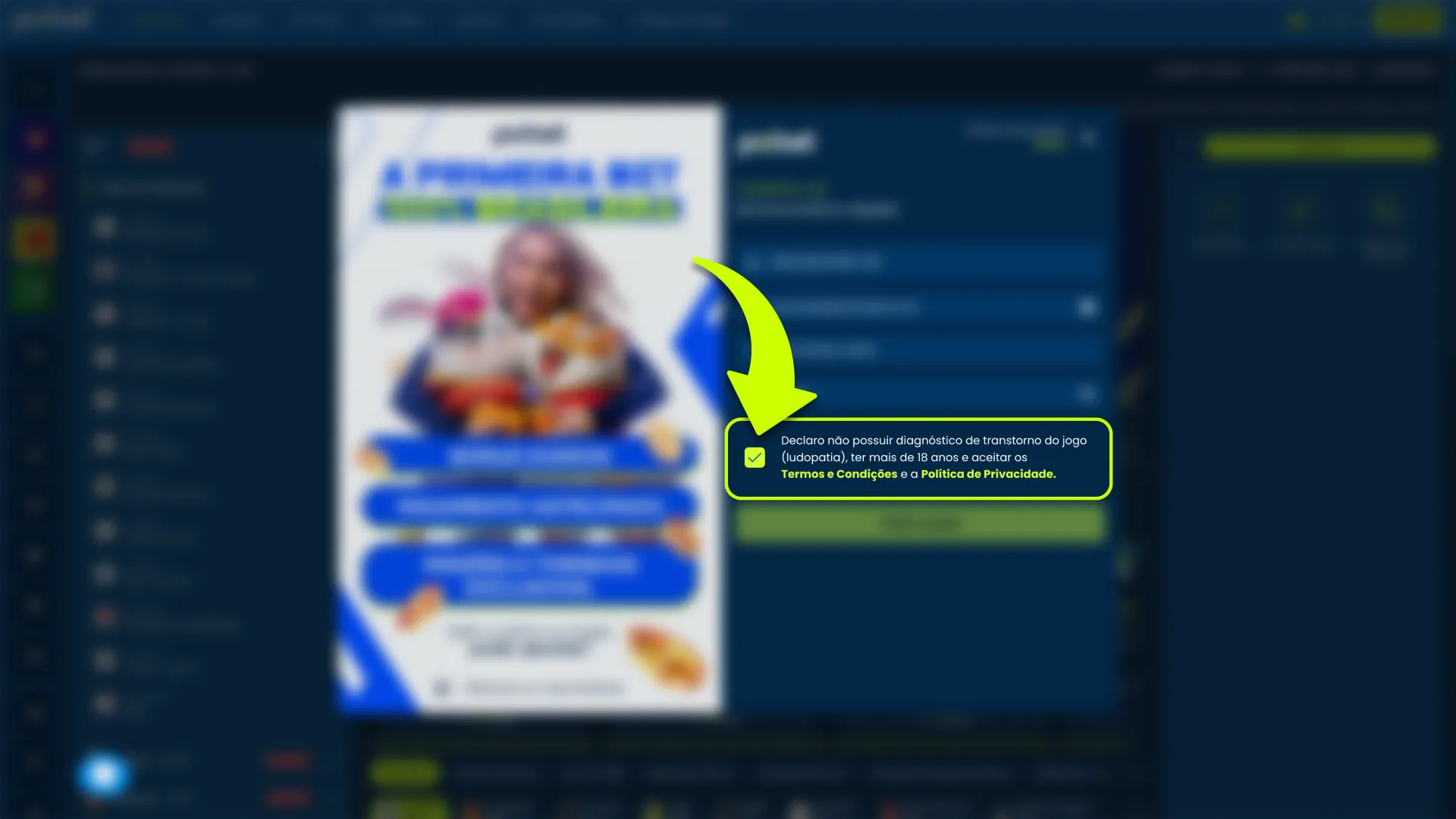 Marque a caixa para confirmar os termos e requisitos de idade da Pixbet.