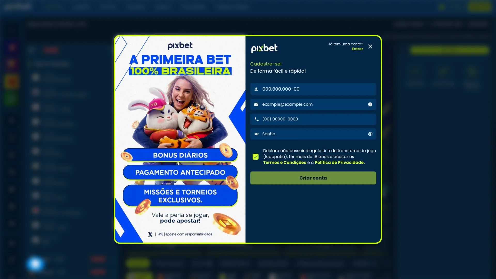 Inicie o processo de cadastro na plataforma de apostas Pixbet.