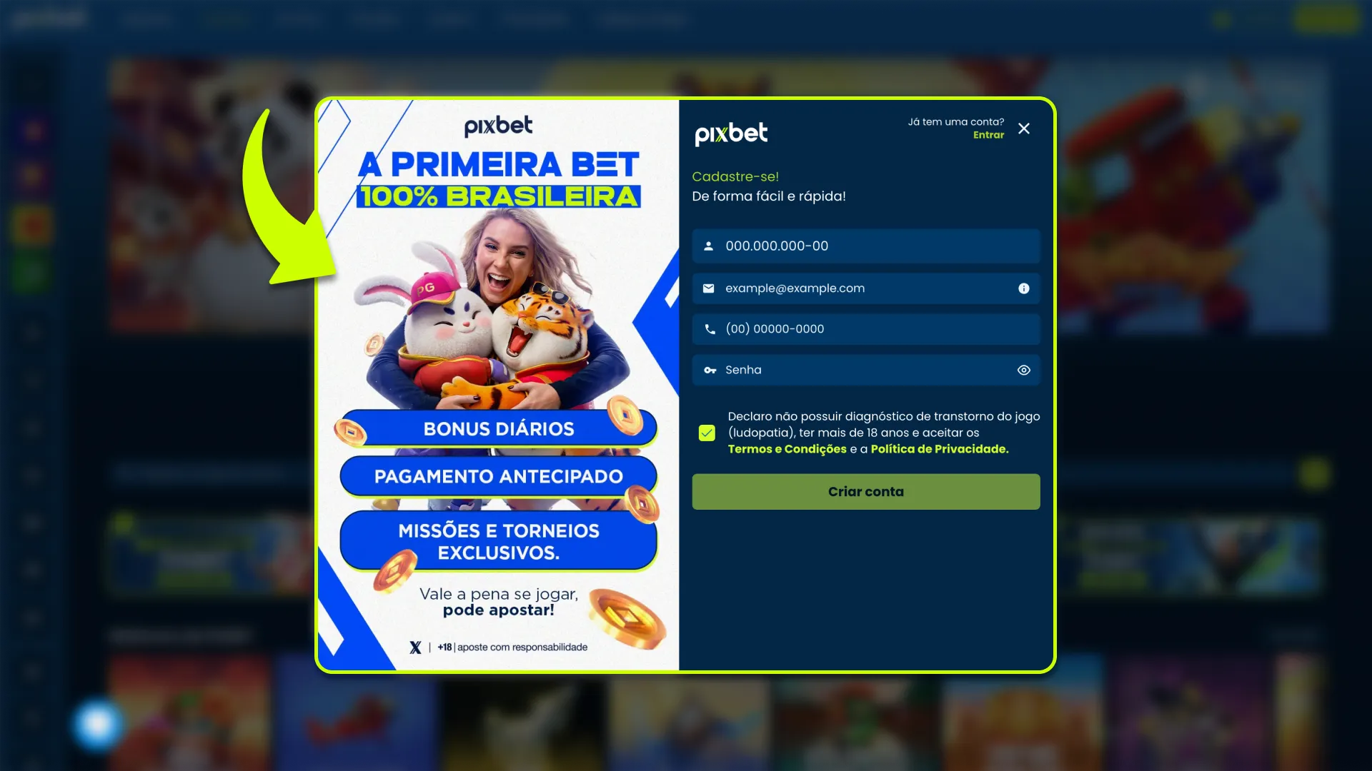 Localize o botão de registro na parte superior do site da Pixbet.