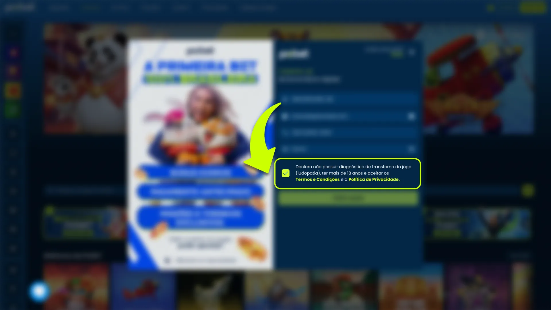 Marque a caixa para aceitar os termos e regras da plataforma Pixbet.
