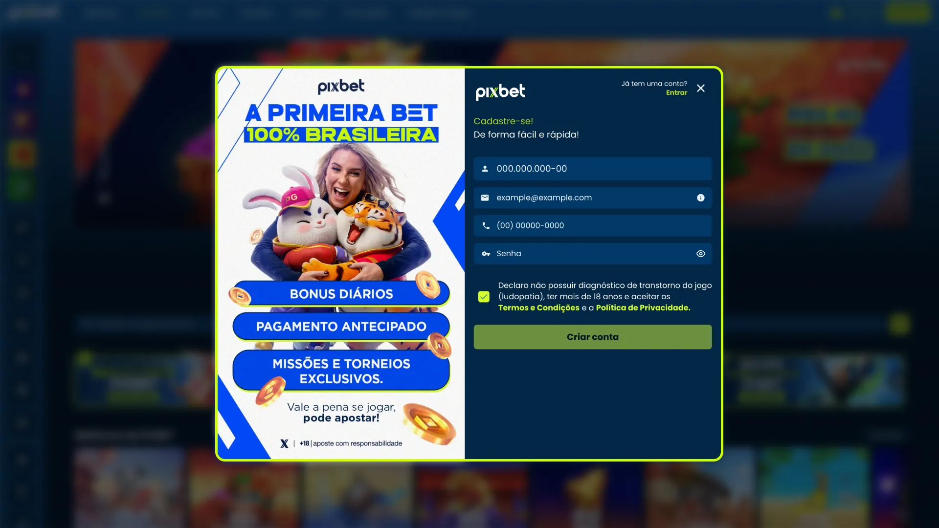 Abra o formulário de criação de conta na plataforma Pixbet.