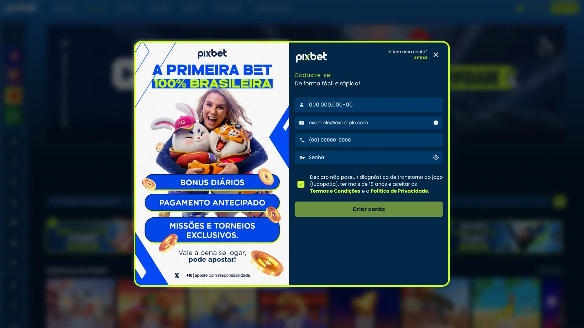 Encontre a opção de cadastro na interface do Pixbet.