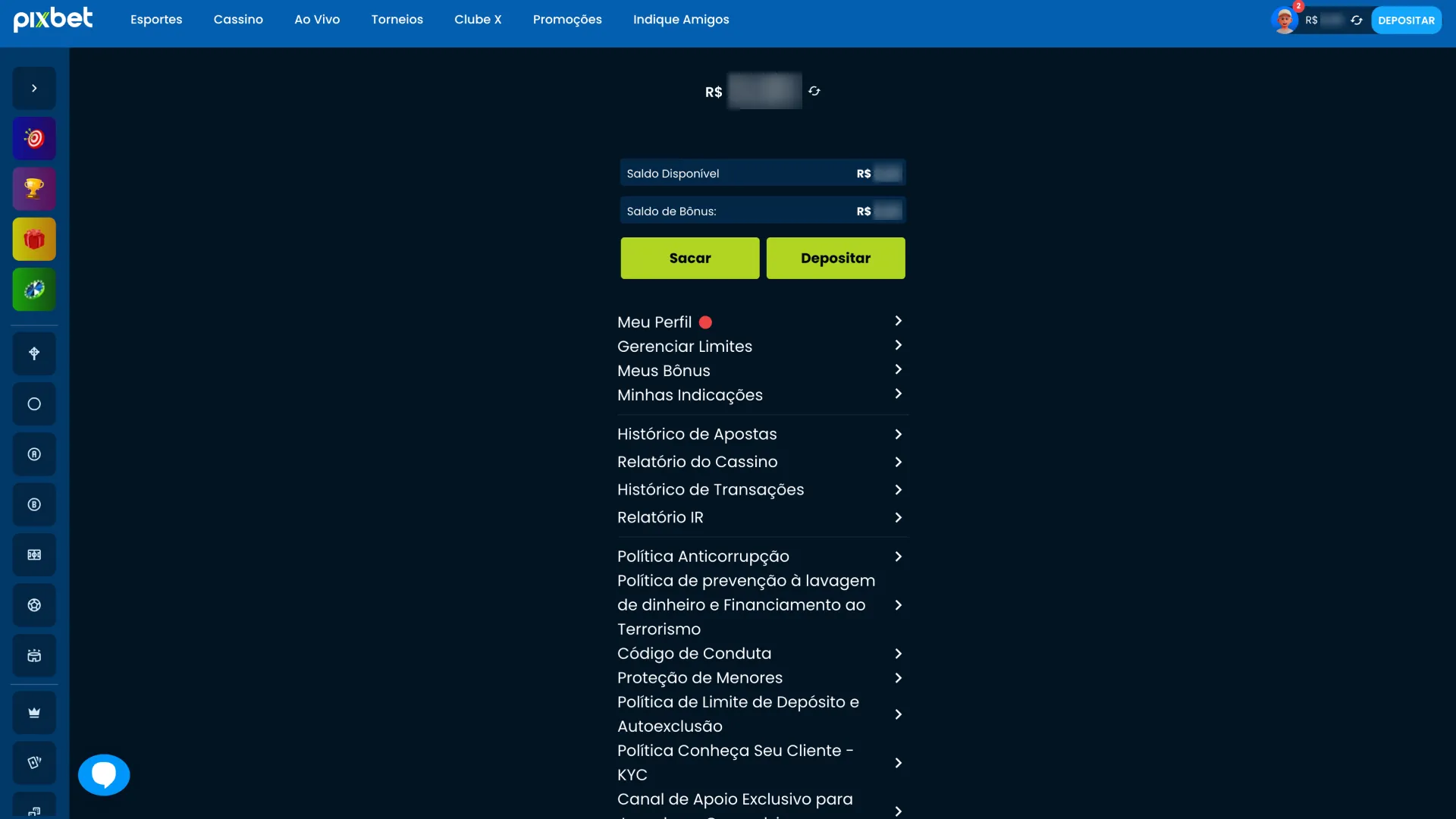 Receba seus ganhos e faça o saque na seção de caixa da Pixbet.