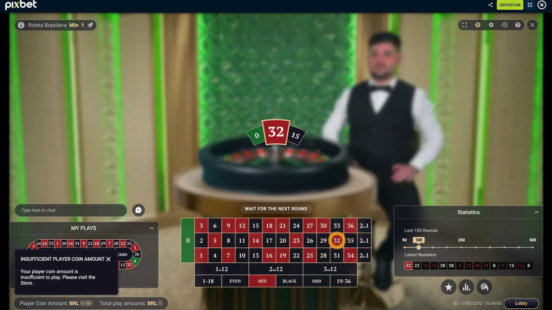 Confira o resultado no jogo de roleta da Pixbet.