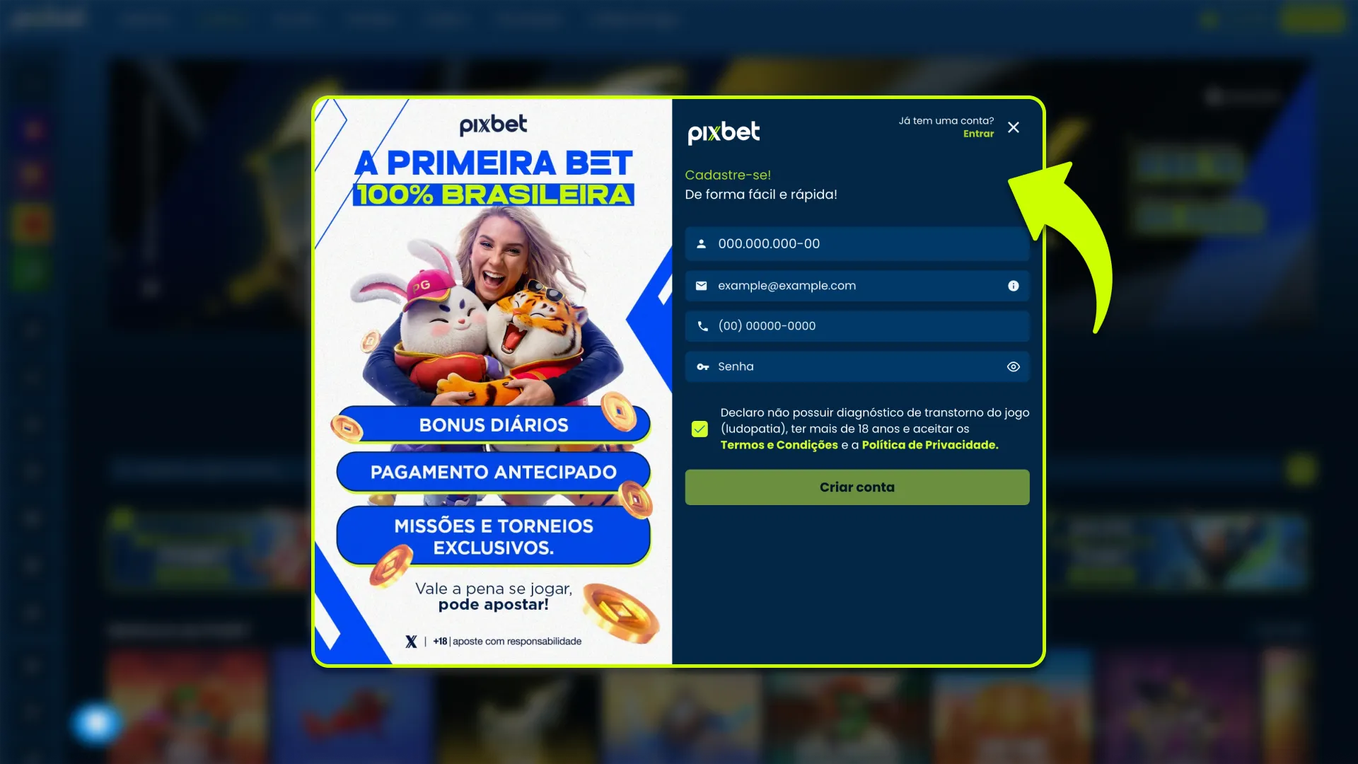 Abra a janela de criação de conta na página principal do Pixbet.