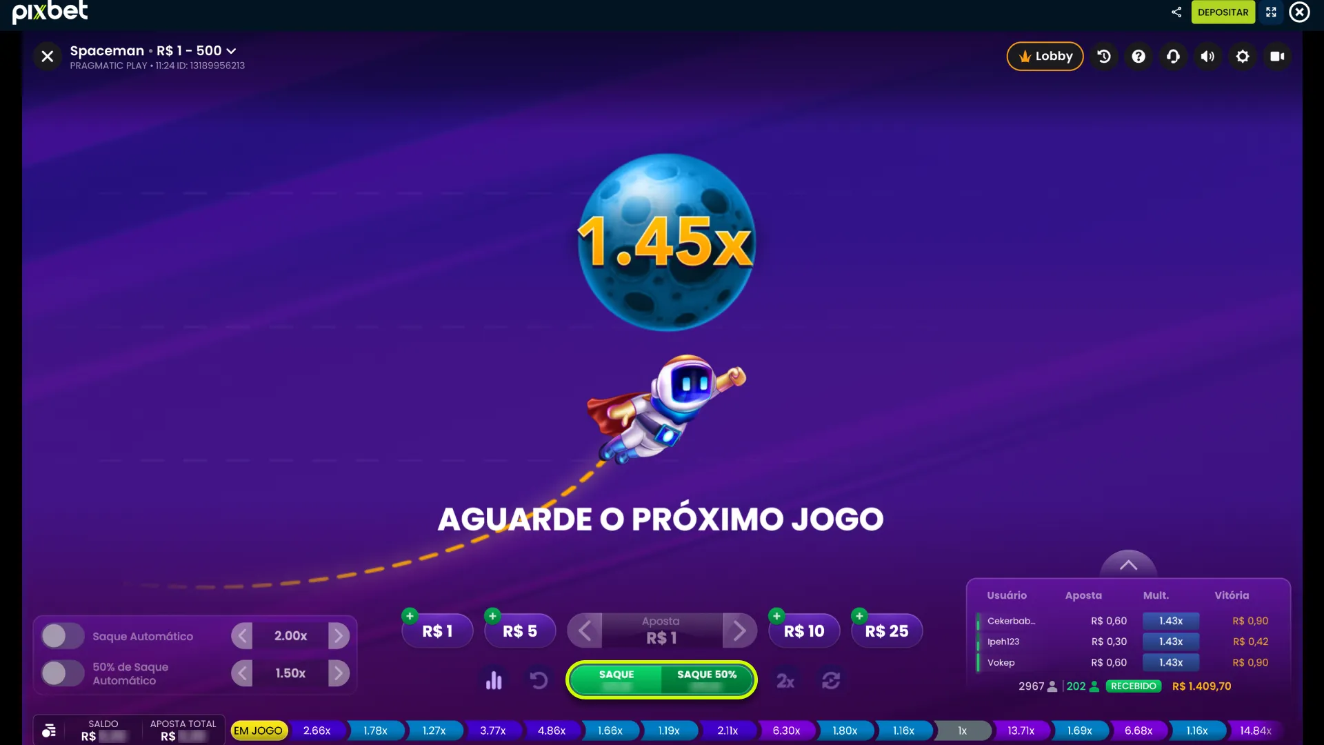 Acompanhe o crescimento do valor multiplicador em Spaceman na Pixbet.