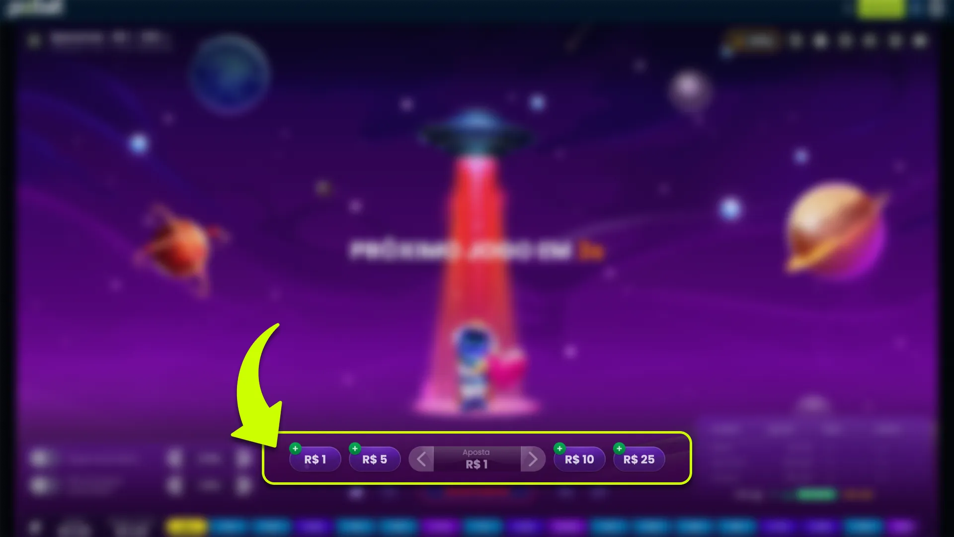 Selecione o valor da sua aposta no jogo Spaceman na Pixbet.